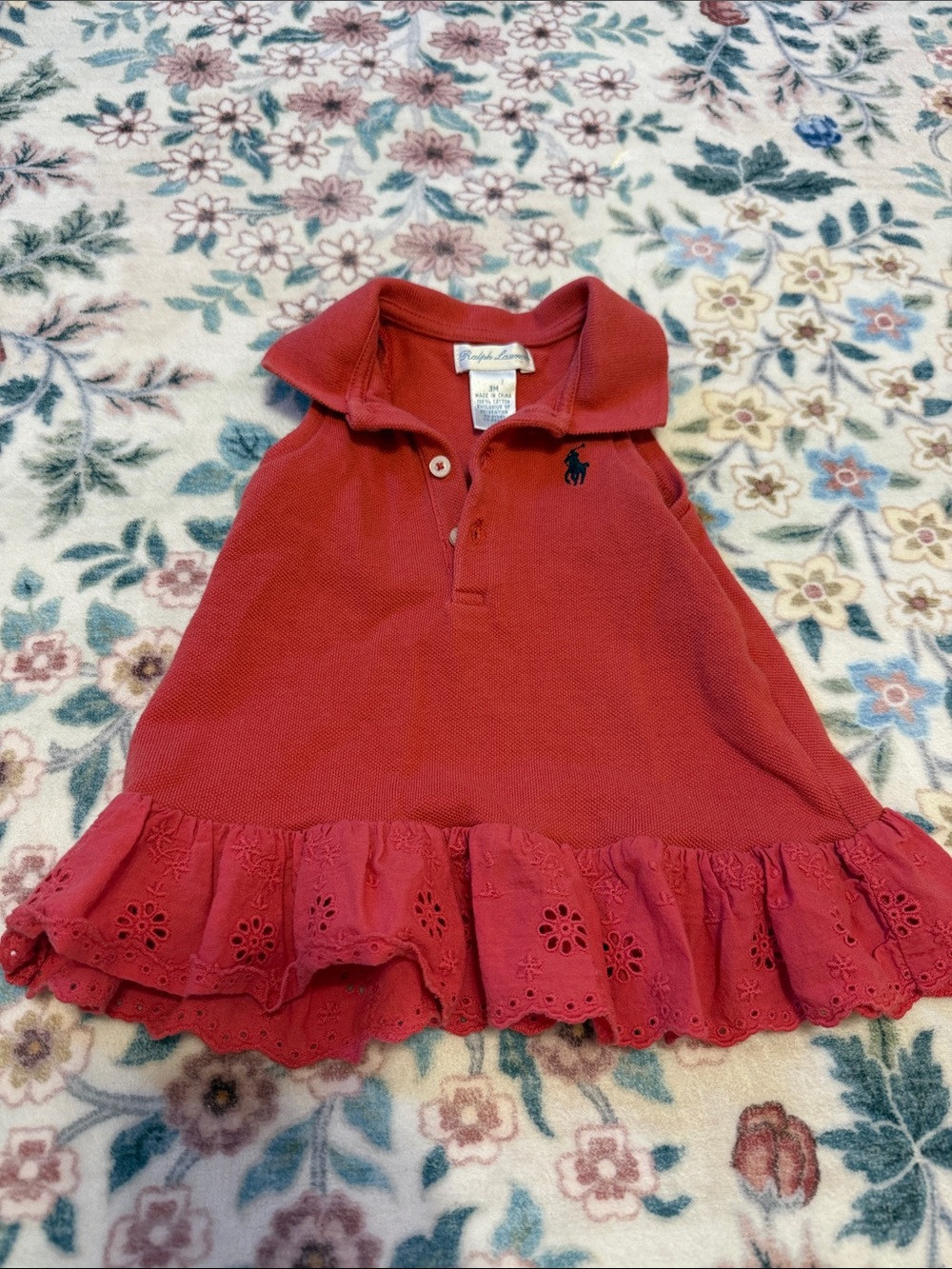 Ralph Lauren Baby Girl Red Polo Dress with Eyelet Ruffle